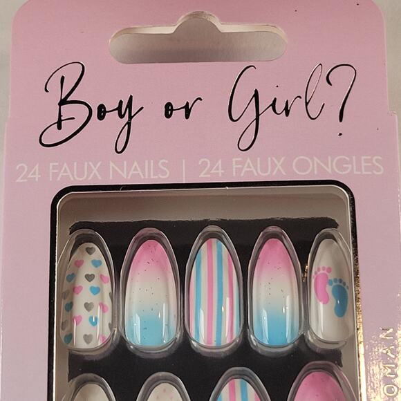 Boy or Girl Faux Nails Set 24ct Gender Reveal Press On with Glue Baby Party - Picture 4 of 8